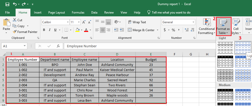 Select the table into excel
