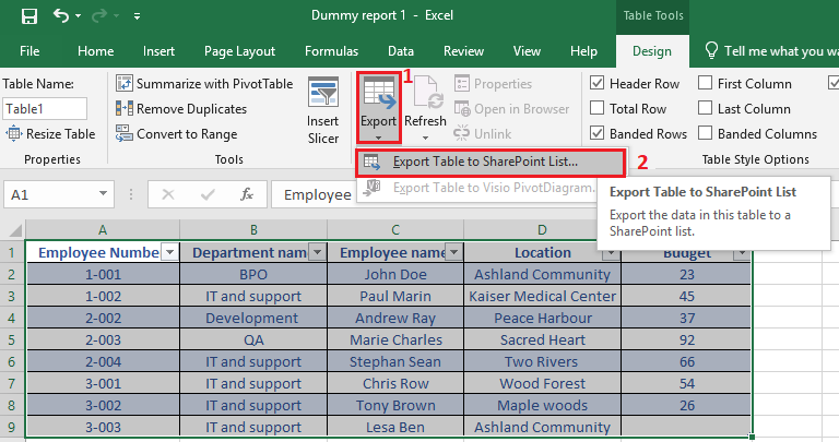 Export Excel Table to SharePoint List