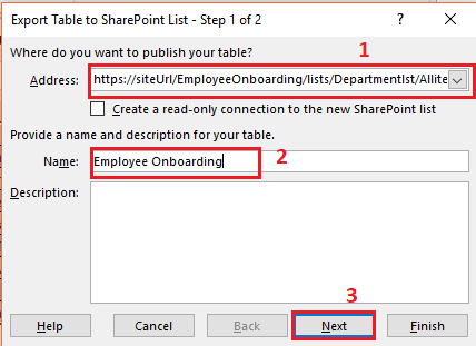Export Table to SharePoint List