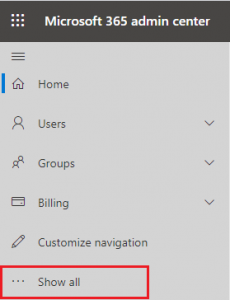 Office 365 Admin Center Menu