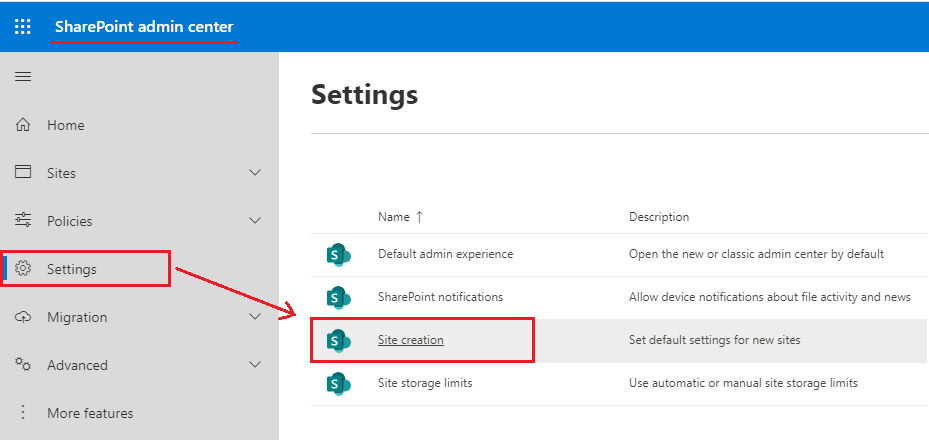 SharePoint Admin Center Setting